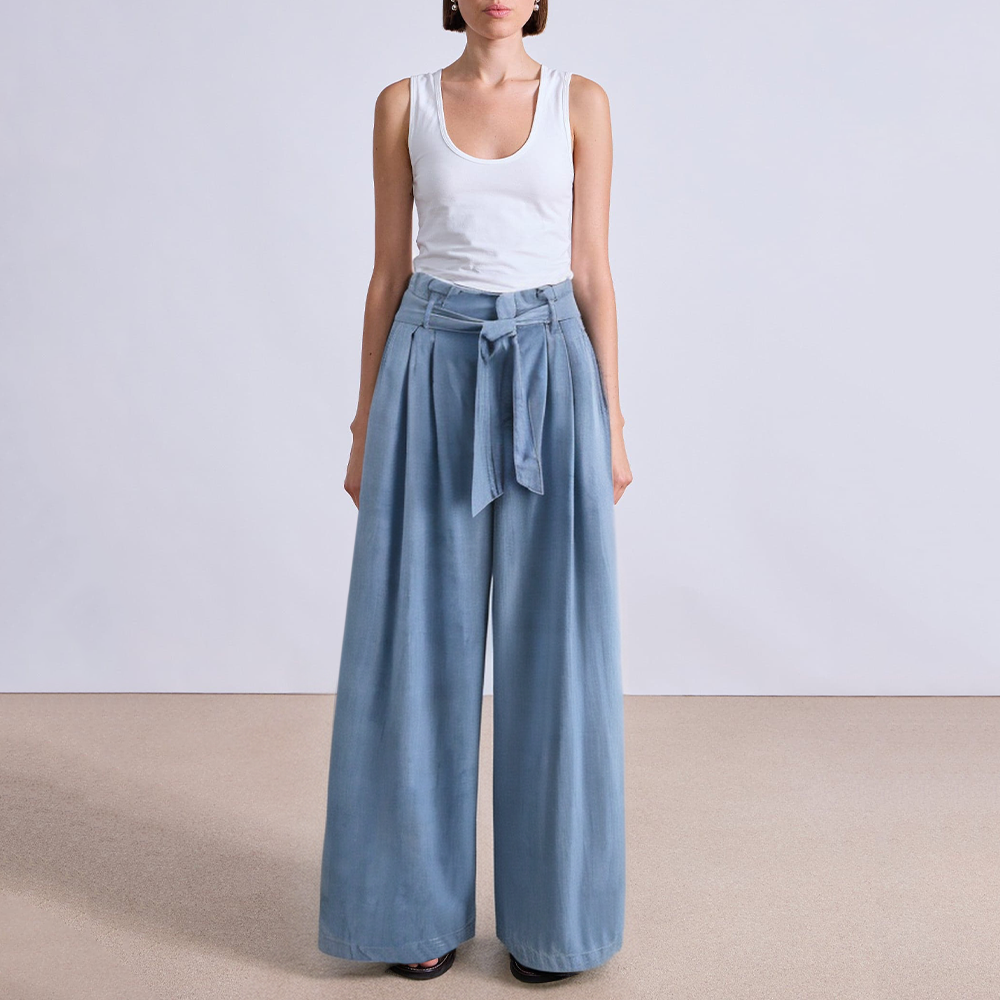 Blue pleated high waist women's suit pants
