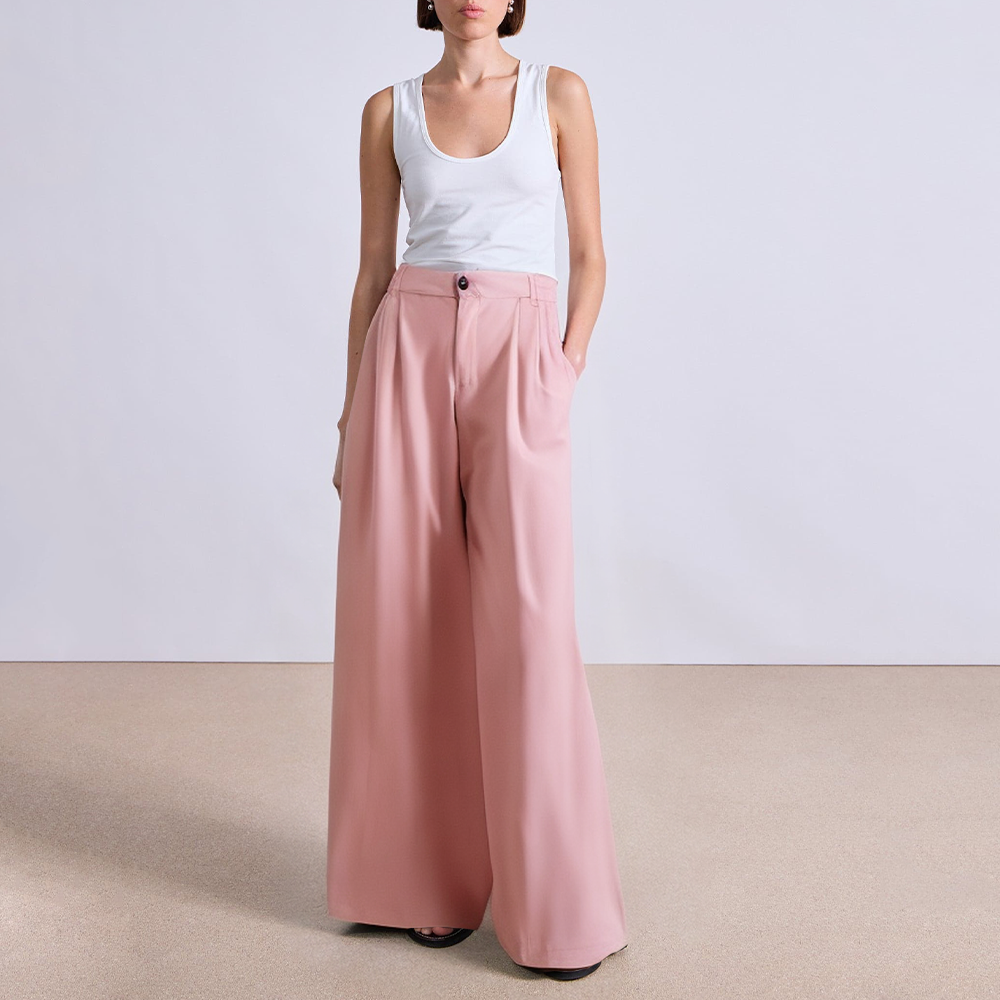 Fashionable double pleated wide leg women's suit pants