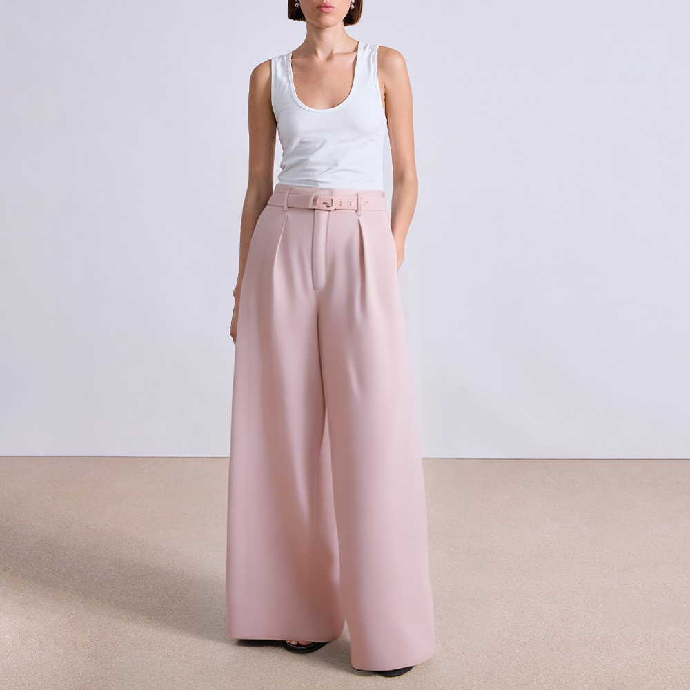 Pink straight-leg women's suit pants with belt