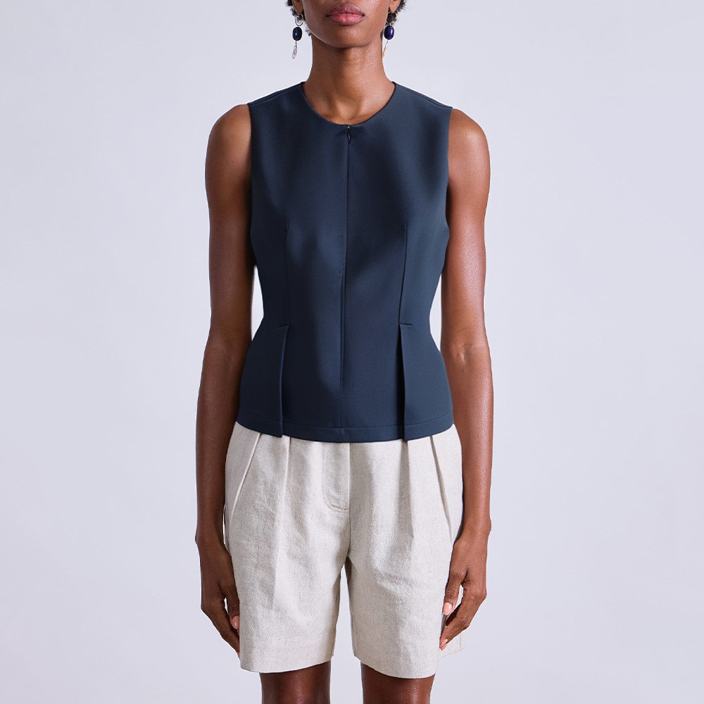 Dark blue pleated sleeveless women's vest