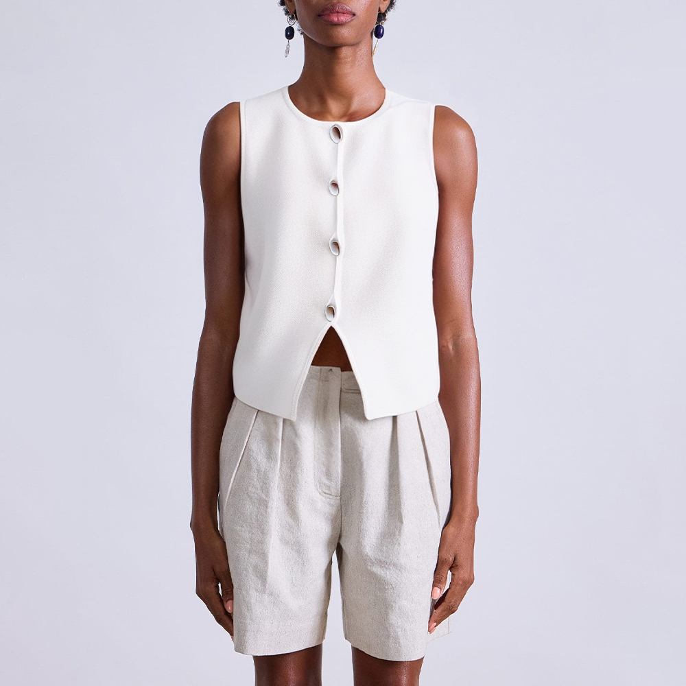 White round neck button front slit women's vest