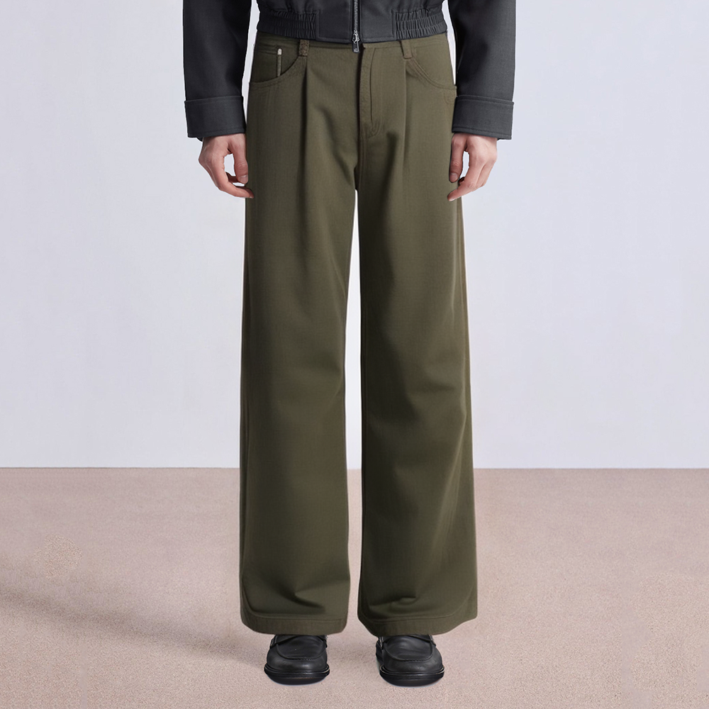 Green pleated detail straight-leg men's suit trousers