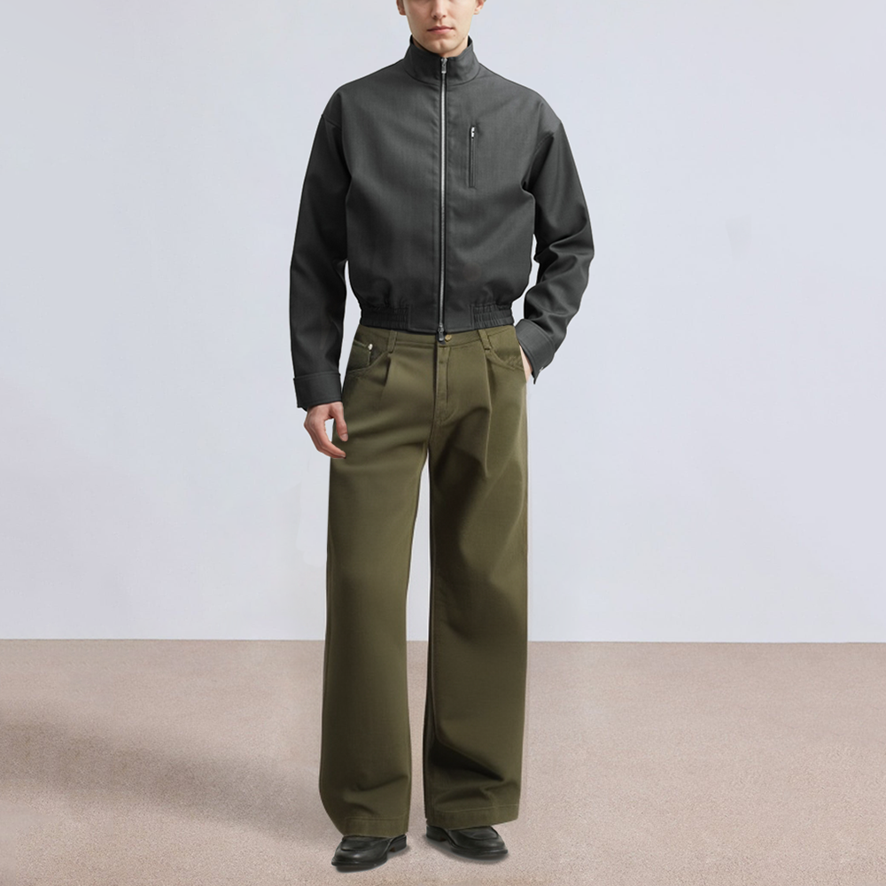 Green pleated detail straight-leg men's suit trousers