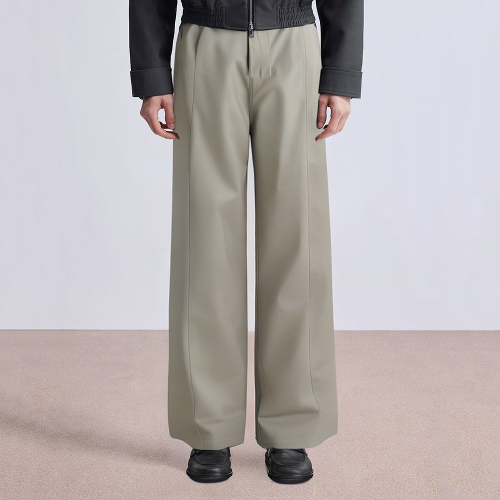 Beige straight-leg belted men's suit pants