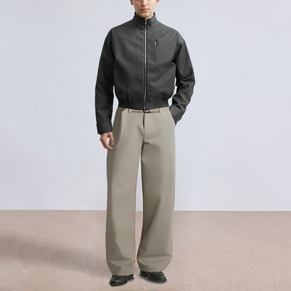 Beige straight-leg belted men's suit pants
