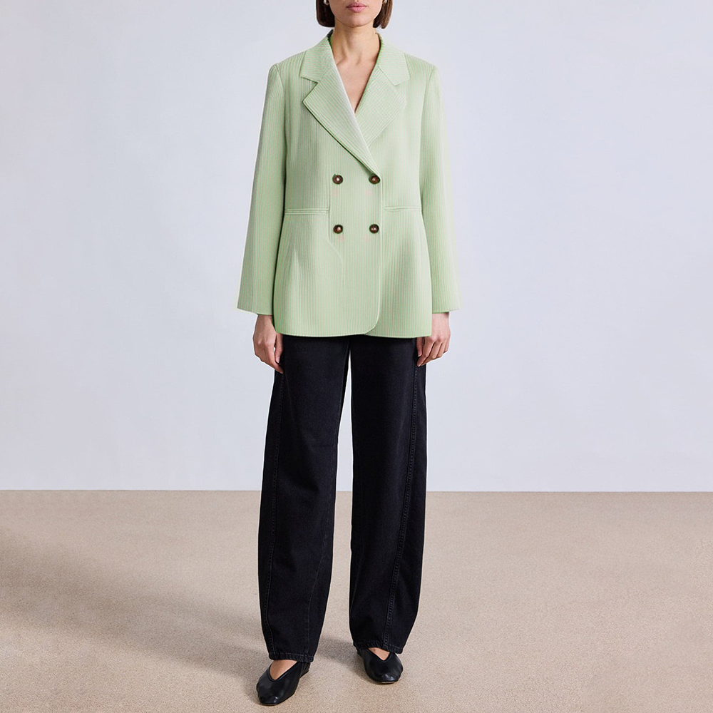 Green striped double breasted women's blazer