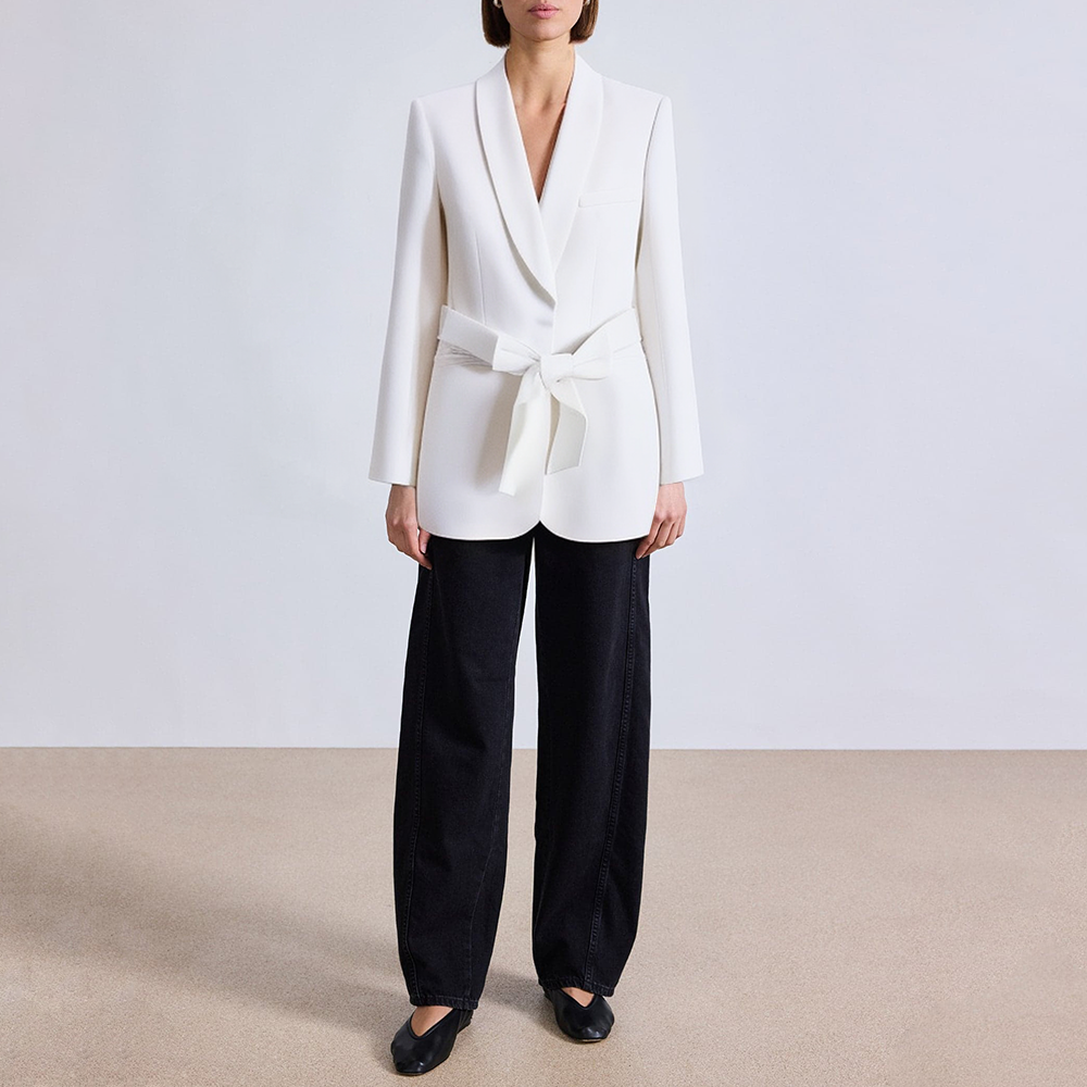White belted long-sleeved women's suit jacket