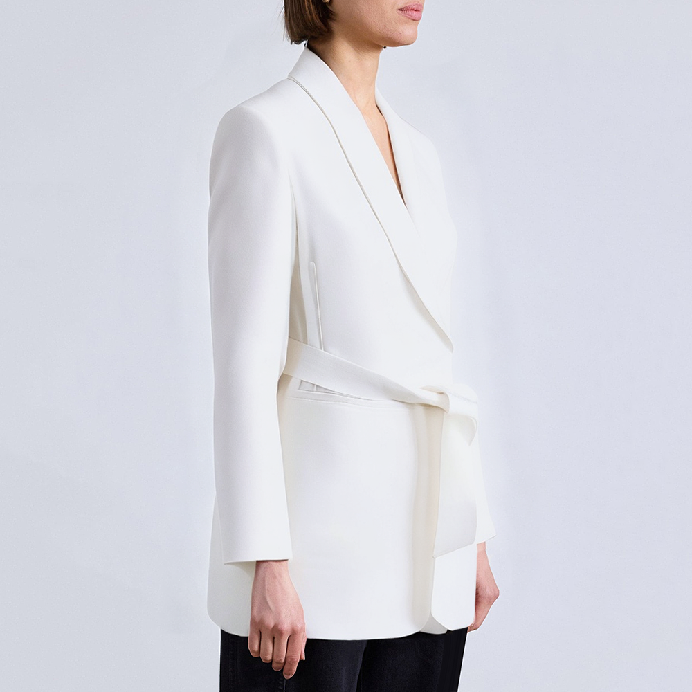 White belted long-sleeved women's suit jacket