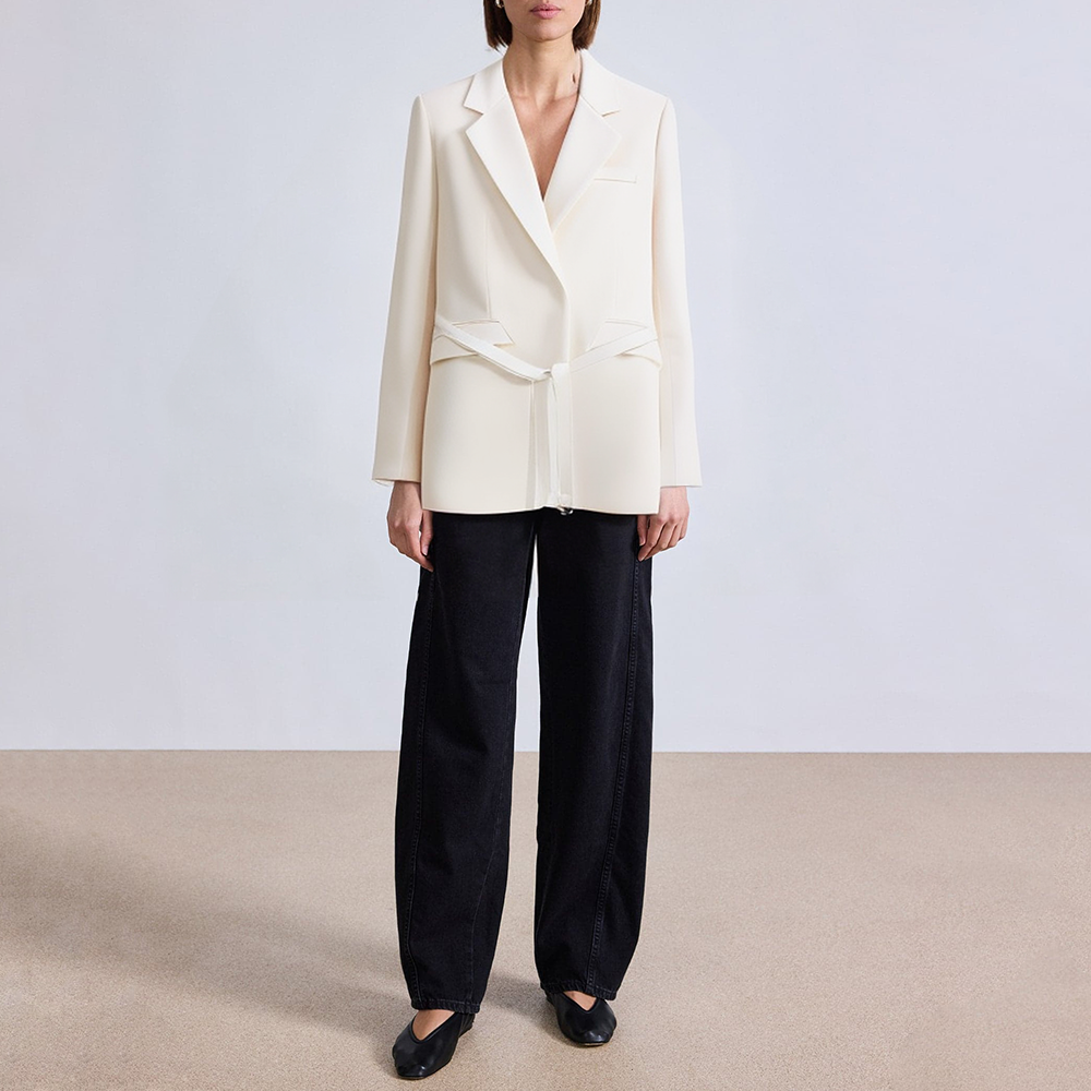 Beige slim fit women's suit jacket with belt