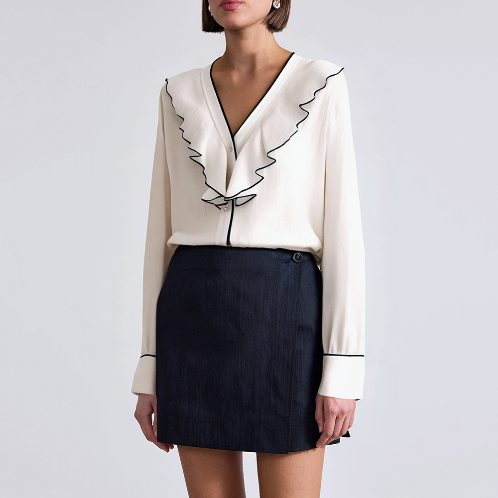 Contrast color piping ruffled ladies business formal suit