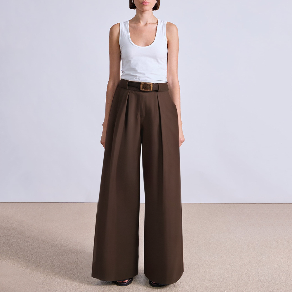 Brown wide leg women's suit pants with belt