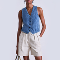 Blue V-neck short denim vest for women