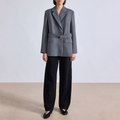 Grey slim fit long sleeve women's suit jacket with belt