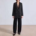 Elegant V-neck black pleated women's suit jacket